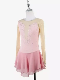 Robe de patinage rose nude à manches longues en résille et strass pour femmes et filles