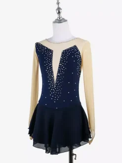 Robe de patinage rose nude à manches longues en résille et strass pour femmes et filles