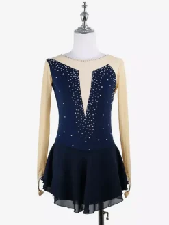 Robe de patinage rose nude à manches longues en résille et strass pour femmes et filles