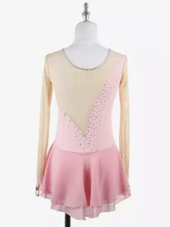 Robe de patinage rose nude à manches longues en résille et strass pour femmes et filles