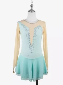 Robe de patinage rose nude à manches longues en résille et strass pour femmes et filles