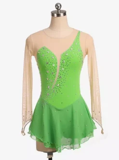 Robe de patinage Royle Blue manches longues couleur chair encolure perlée costumes de patinage pour femmes et filles