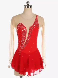 Robe de patinage Royle Blue manches longues couleur chair encolure perlée costumes de patinage pour femmes et filles