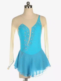 Robe de patinage Royle Blue manches longues couleur chair encolure perlée costumes de patinage pour femmes et filles