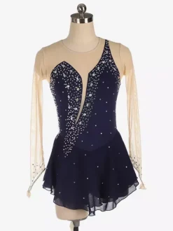 Robe de patinage Royle Blue manches longues couleur chair encolure perlée costumes de patinage pour femmes et filles