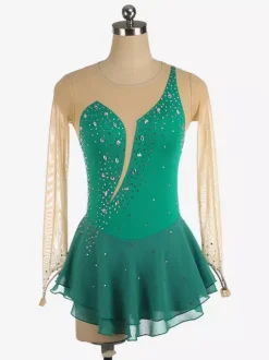 Robe de patinage Royle Blue manches longues couleur chair encolure perlée costumes de patinage pour femmes et filles