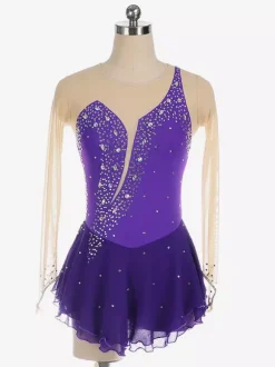 Robe de patinage Royle Blue manches longues couleur chair encolure perlée costumes de patinage pour femmes et filles