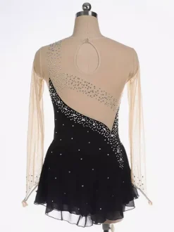 Robe de patinage Royle Blue manches longues couleur chair encolure perlée costumes de patinage pour femmes et filles