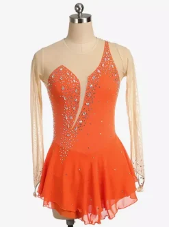 Robe de patinage Royle Blue manches longues couleur chair encolure perlée costumes de patinage pour femmes et filles