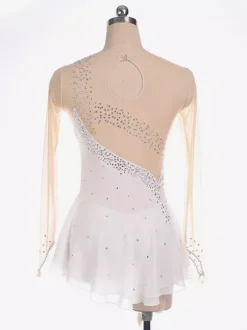Robe de patinage Royle Blue manches longues couleur chair encolure perlée costumes de patinage pour femmes et filles