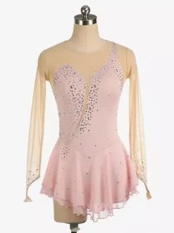 Robe de patinage Royle Blue manches longues couleur chair encolure perlée costumes de patinage pour femmes et filles