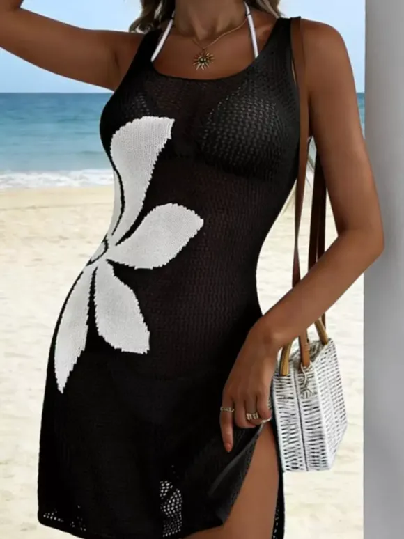 Robe de plage mini sans manches à imprimé floral en maille ajourée pour femme fente latérale.
