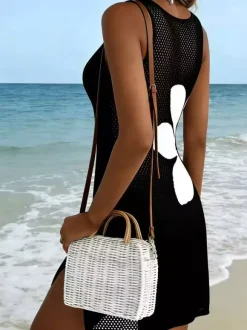 Robe de plage mini sans manches à imprimé floral en maille ajourée pour femme fente latérale.