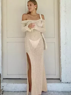 Robe de plage rose à épaules dénudées pour femme