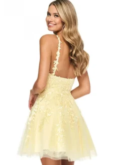 Robe de soirée 2026 sans manches courte A-ligne col en V dentelle polyester bleu clair robe de soirée