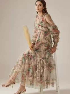 Robe de soirée à volants et manches illusion superposées robe longue folklorique élégante