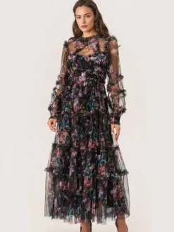 Robe de soirée à volants et manches illusion superposées robe longue folklorique élégante