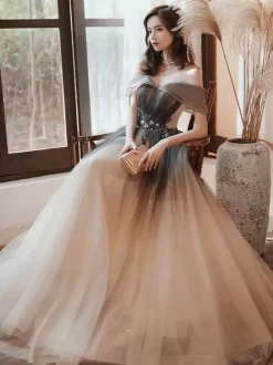 Robe de soirée A-ligne Bateau Neck Tulle Longueur ras du sol Robes de soirée formelles perlées