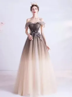 Robe de soirée A-ligne Bateau Neck Tulle Longueur ras du sol Robes de soirée formelles perlées