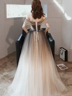 Robe de soirée A-ligne Bateau Neck Tulle Longueur ras du sol Robes de soirée formelles perlées
