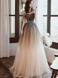 Robe de soirée A-ligne Bateau Neck Tulle Longueur ras du sol Robes de soirée formelles perlées
