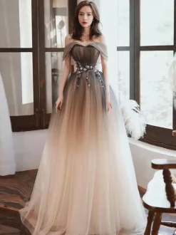 Robe de soirée A-ligne Bateau Neck Tulle Longueur ras du sol Robes de soirée formelles perlées