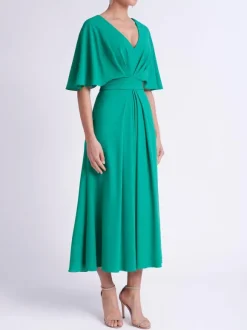 Robe de soirée A-ligne col en V thé longueur manches courtes dos nu soie élastique comme le Satin robes de soirée formelles personnalisation gratuite