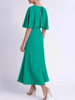 Robe de soirée A-ligne col en V thé longueur manches courtes dos nu soie élastique comme le Satin robes de soirée formelles personnalisation gratuite