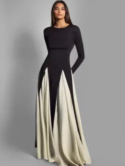 Robe De Soirée Bicolore Noire Manches Longues Robe Semi-Formelle Femme Chic