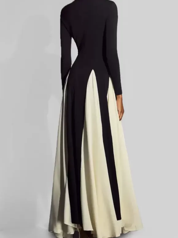 Robe De Soirée Bicolore Noire Manches Longues Robe Semi-Formelle Femme Chic