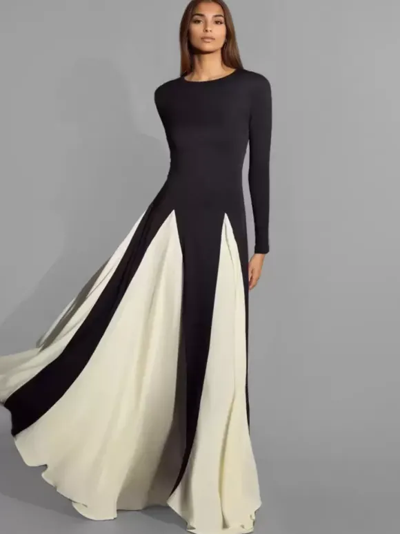 Robe De Soirée Bicolore Noire Manches Longues Robe Semi-Formelle Femme Chic