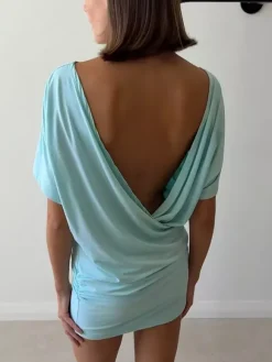 Robe de soirée blanche en polyester à manches courtes et col en V