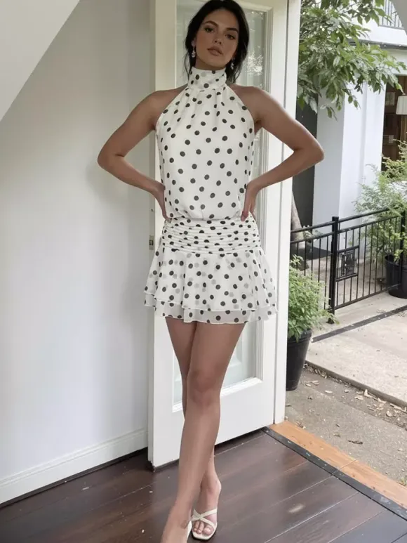 Robe de soirée chic en mousseline blanche mini dos nu à pois col montant