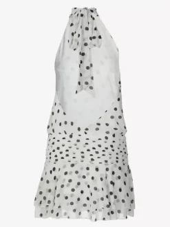 Robe de soirée chic en mousseline blanche mini dos nu à pois col montant