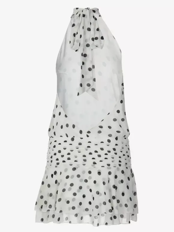 Robe de soirée chic en mousseline blanche mini dos nu à pois col montant