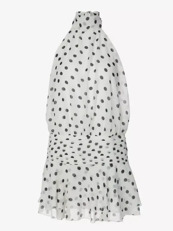 Robe de soirée chic en mousseline blanche mini dos nu à pois col montant