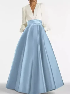 Robe de soirée col V manche longue jupe en satin au sol