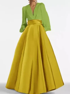 Robe de soirée col V manche longue jupe en satin au sol