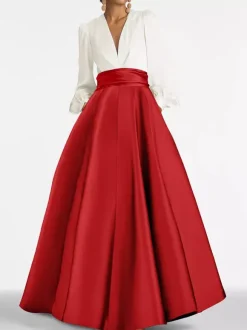Robe de soirée col V manche longue jupe en satin au sol