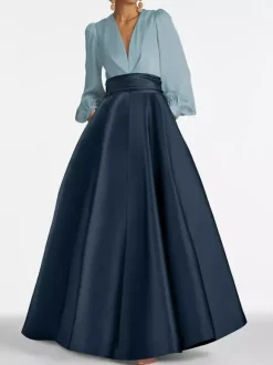 Robe de soirée col V manche longue jupe en satin au sol
