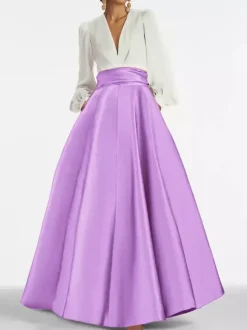 Robe de soirée col V manche longue jupe en satin au sol