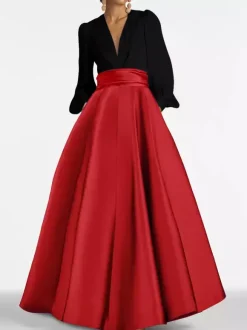 Robe de soirée col V manche longue jupe en satin au sol