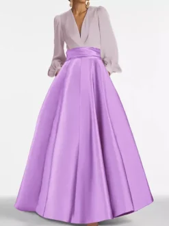 Robe de soirée col V manche longue jupe en satin au sol