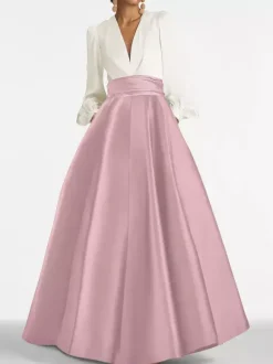Robe de soirée col V manche longue jupe en satin au sol