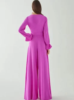 Robe de soirée combinaison col en V longueur au sol ceinture robes de soirée sociale