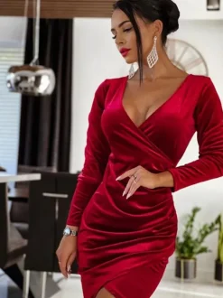 Robe de Soirée Courte Moulante avec Manches Longues à Col Décolleté en V Coupe Cintrée Unicolore