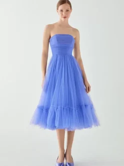 Robe de soirée courte sans bretelles longueur thé sans manches fermeture éclair plissée en Tulle robes de concours sociaux