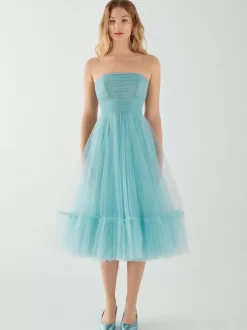 Robe de soirée courte sans bretelles longueur thé sans manches fermeture éclair plissée en Tulle robes de concours sociaux
