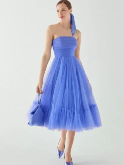 Robe de soirée courte sans bretelles longueur thé sans manches fermeture éclair plissée en Tulle robes de concours sociaux