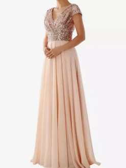 Robe de soirée écru blanc à col V et sequins manches courtes cintrées style chic semi-formel